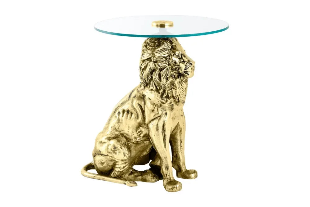 Masuta laterala din Sticla securizata Transparent si Metal Auriu L45xH57cm Wildlife lion