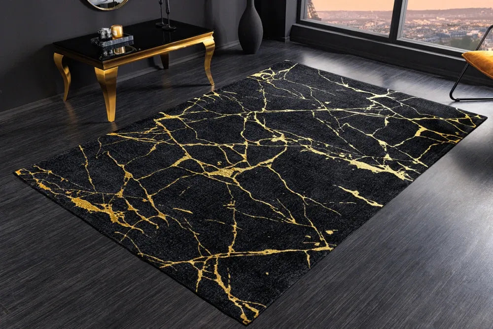 Covor din Poliester Negru/Auriu L240cm Marble