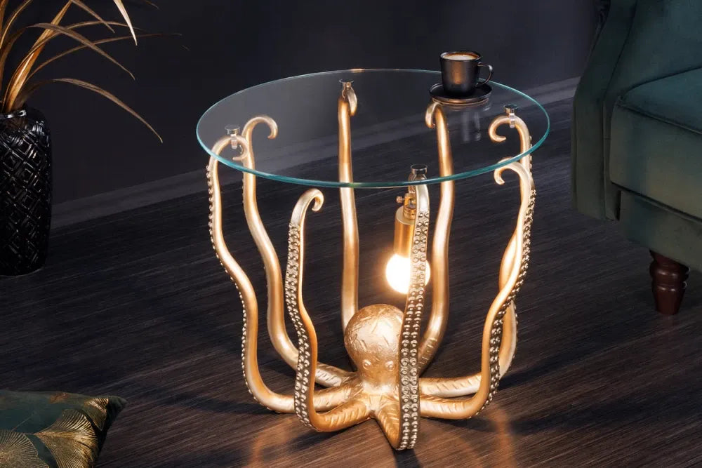 Masuta laterala cu iluminare din Sticla securizata Transparent si Polirasina Auriu L50xH46cm Octopus