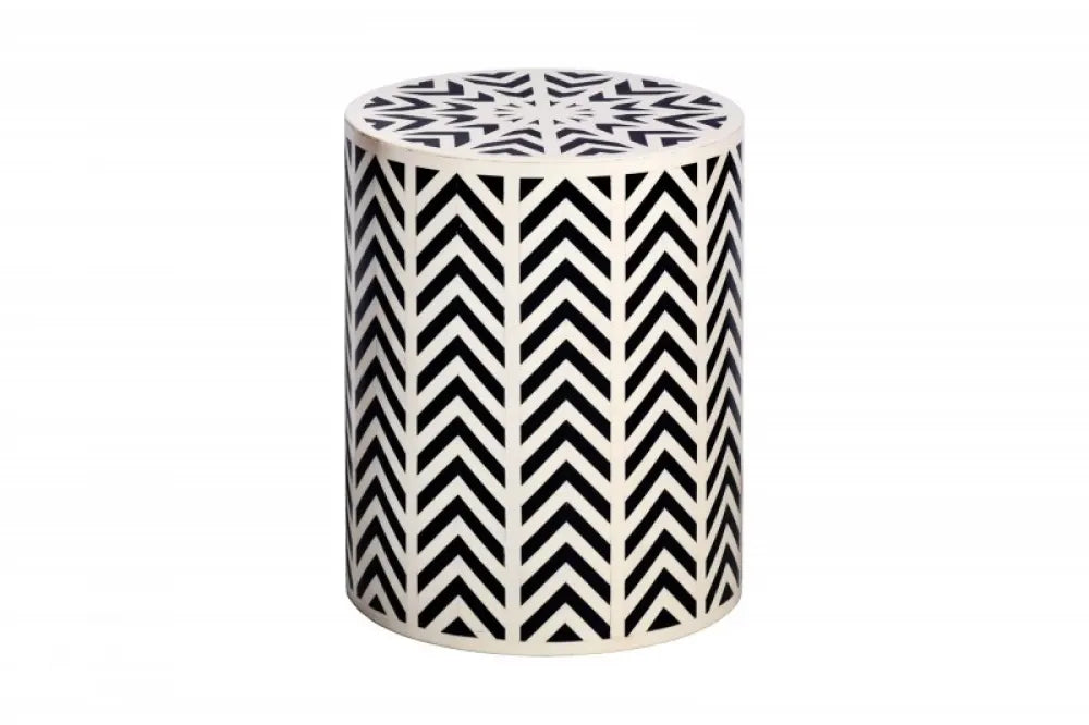Masuta laterala Rotunda din Polirasina Alb/Negru D35xH45cm Bone Inlay