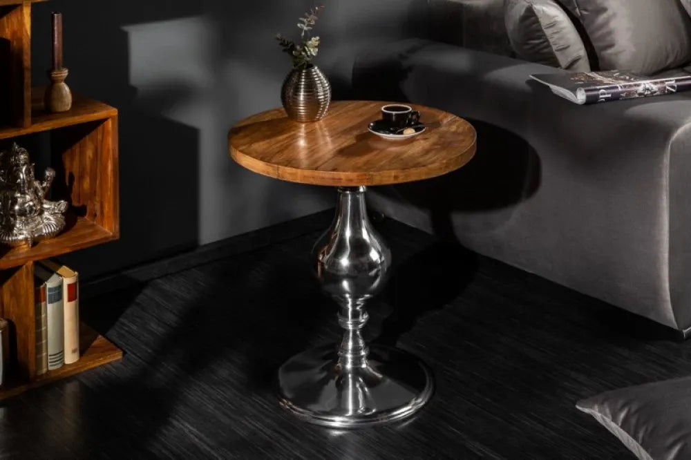 Masuta laterala Rotunda din Lemn de mango Maro si Metal Argintiu D51xH60cm Extravagancia