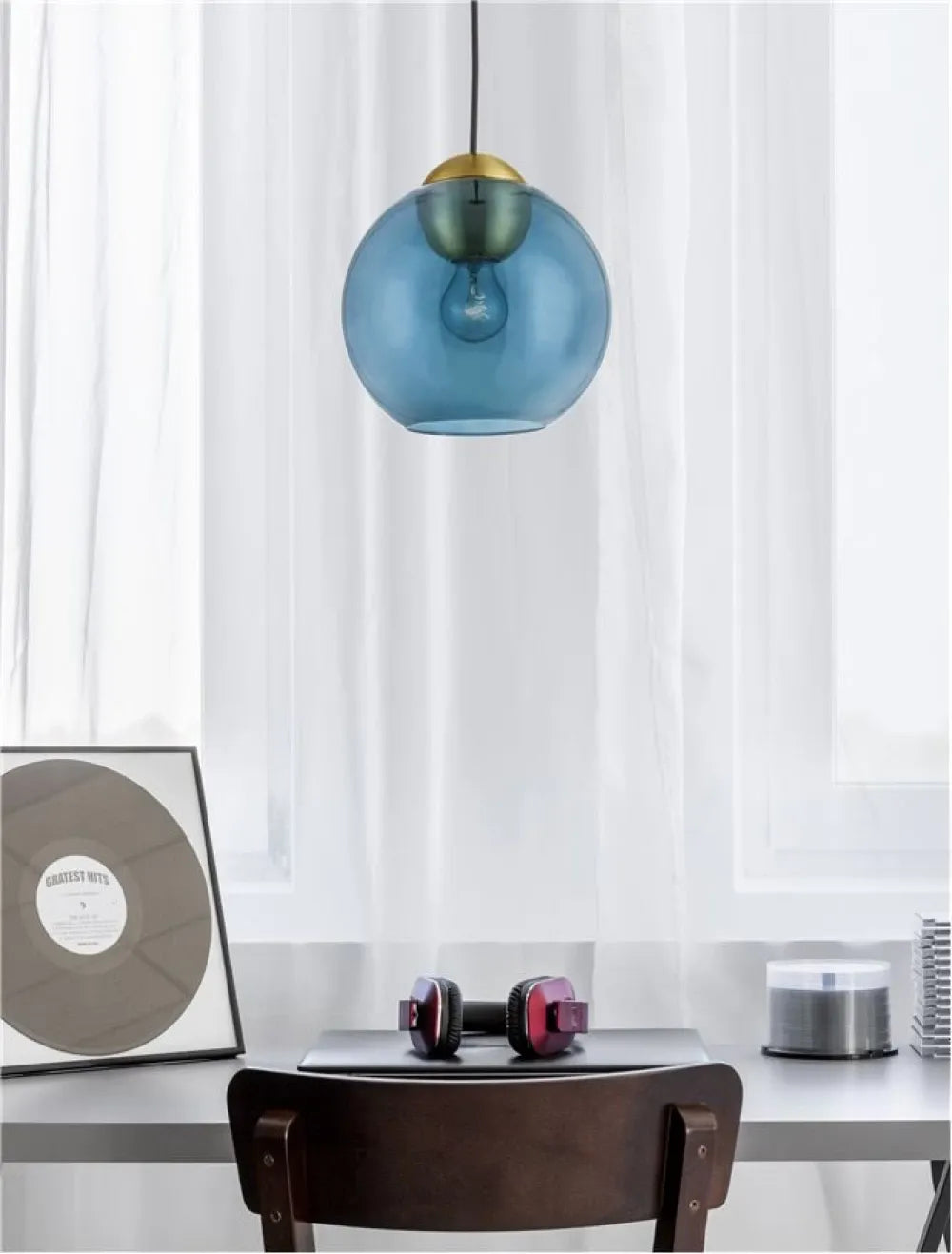 Pendul structura din Metal Auriu si abajur din Sticla Albastru H182.5xL24cm IP20 MIDORI