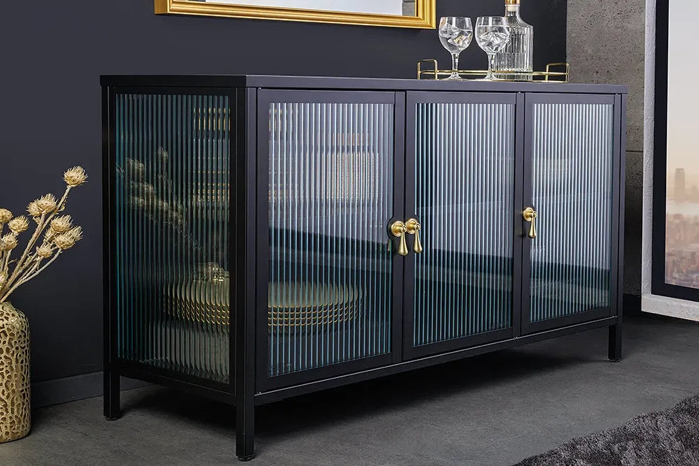 Comoda din Metal Negru si Metal/Sticla securizata Negru/Transparent L105xH70cm AMSTERDAM