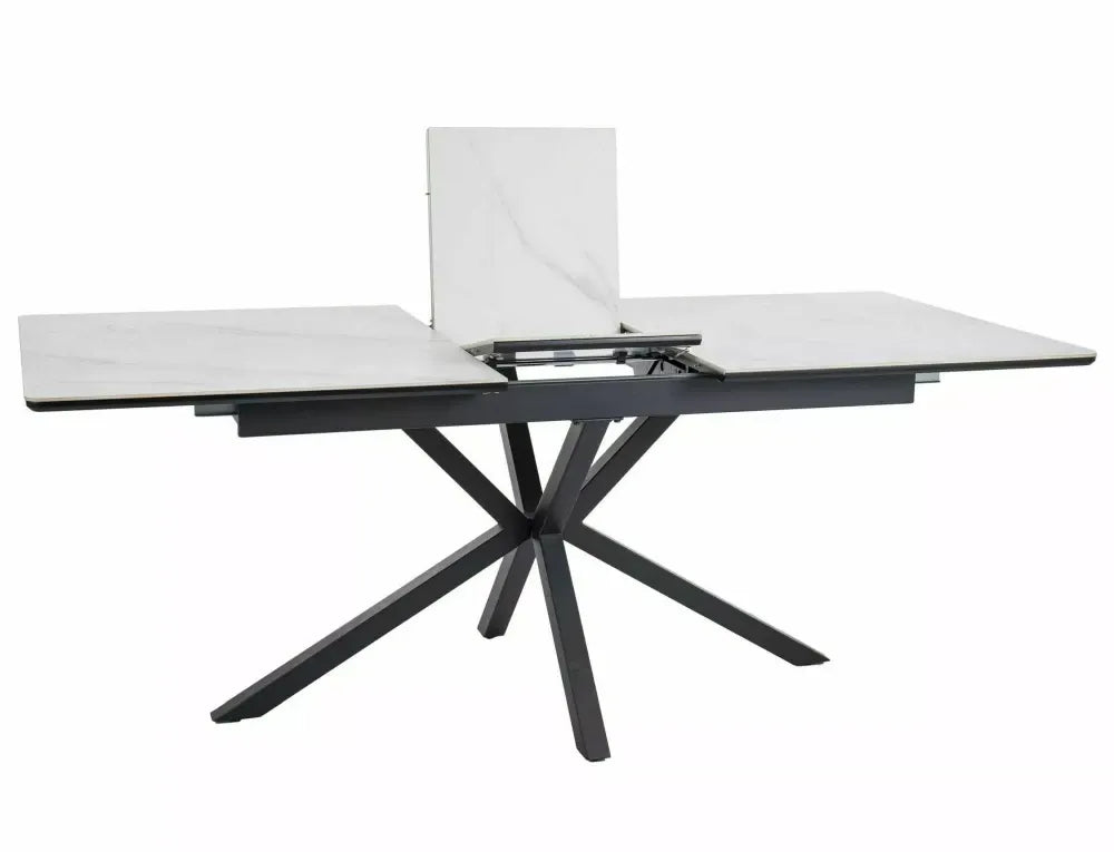 Masa Extensibila de 10 persoane din Ceramica+MDF Alb mat cu efect de marmura si Metal Negru mat L160-200xH75cm Logan