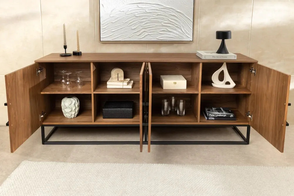 Comoda din MDF/Furnir de nuc Maro si Metal Negru L180xH80cm GRANDEZZA