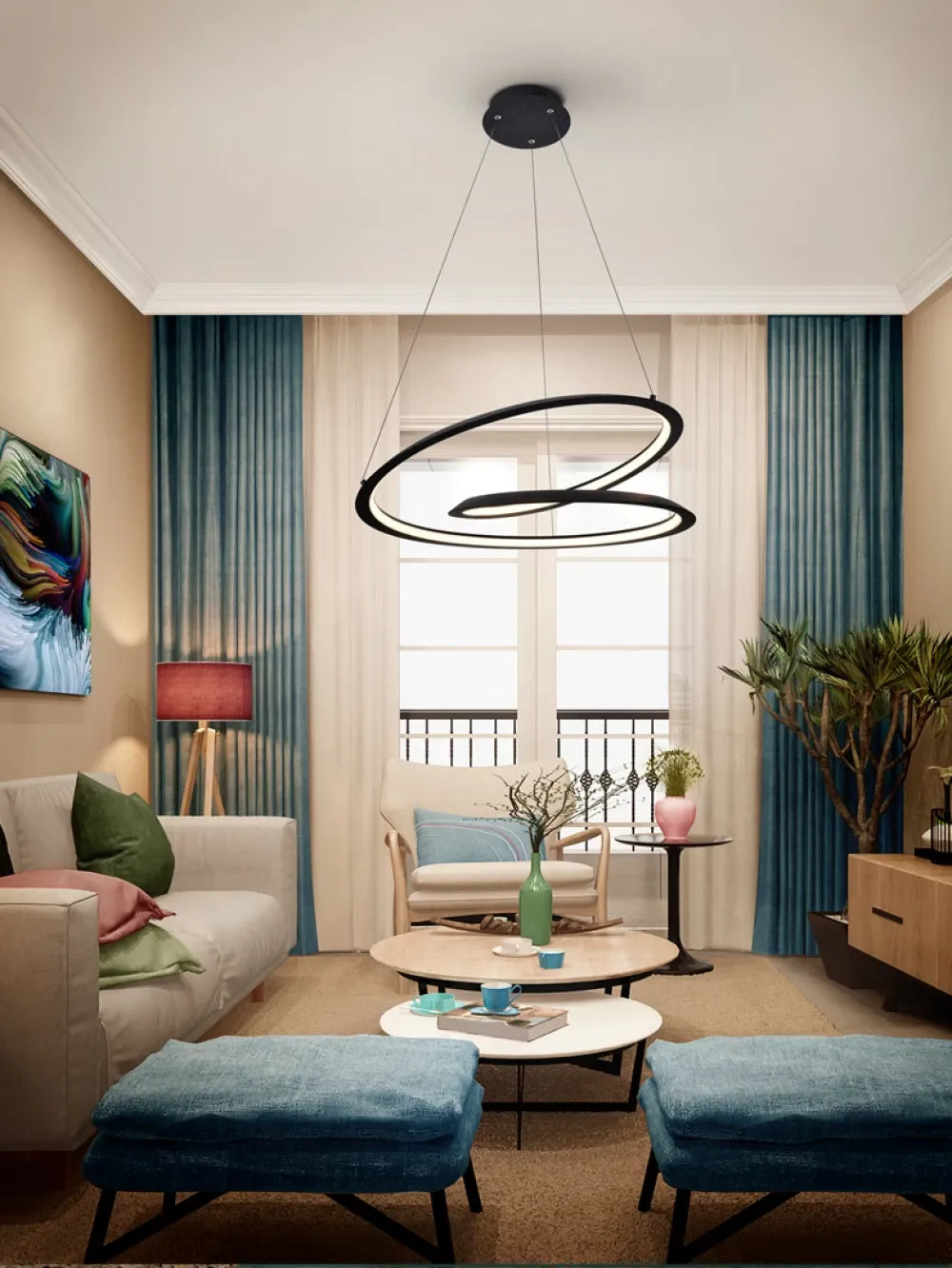 Lustra rotunda cu inaltime reglabila din Aluminiu Negru cu LED D60xH120cm Looping