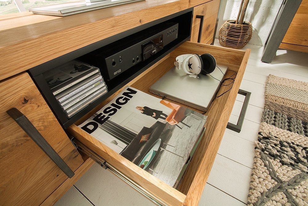 Comoda TV din Lemn masiv de stejar si Metal Maro/ Negru Thor L200xH50cm