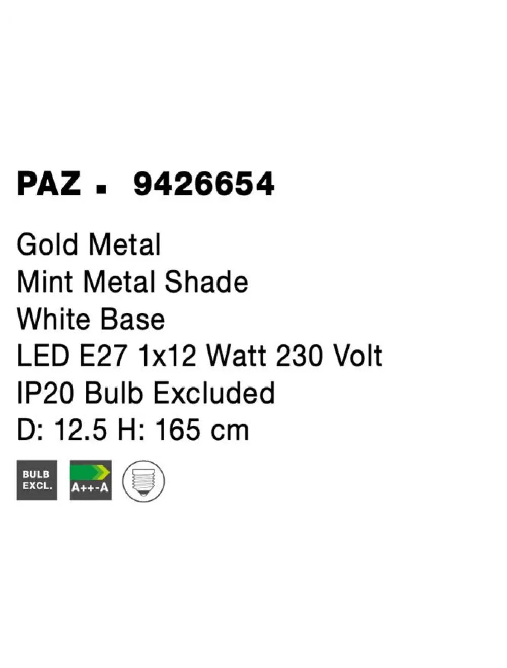 Lampa de podea structura din Metal Auriu/Alb si abajur din Metal Verde H165xL12.5cm IP20 PAZ