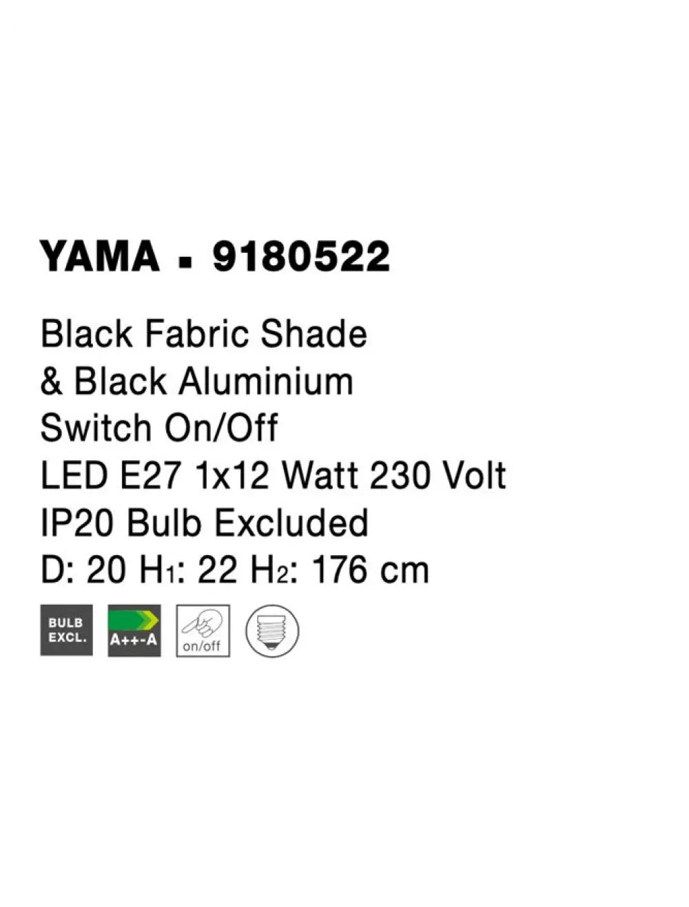 Lampa de podea structura din Aluminiu Negru si abajur din Textil Negru H176xL20cm IP20 YAMA