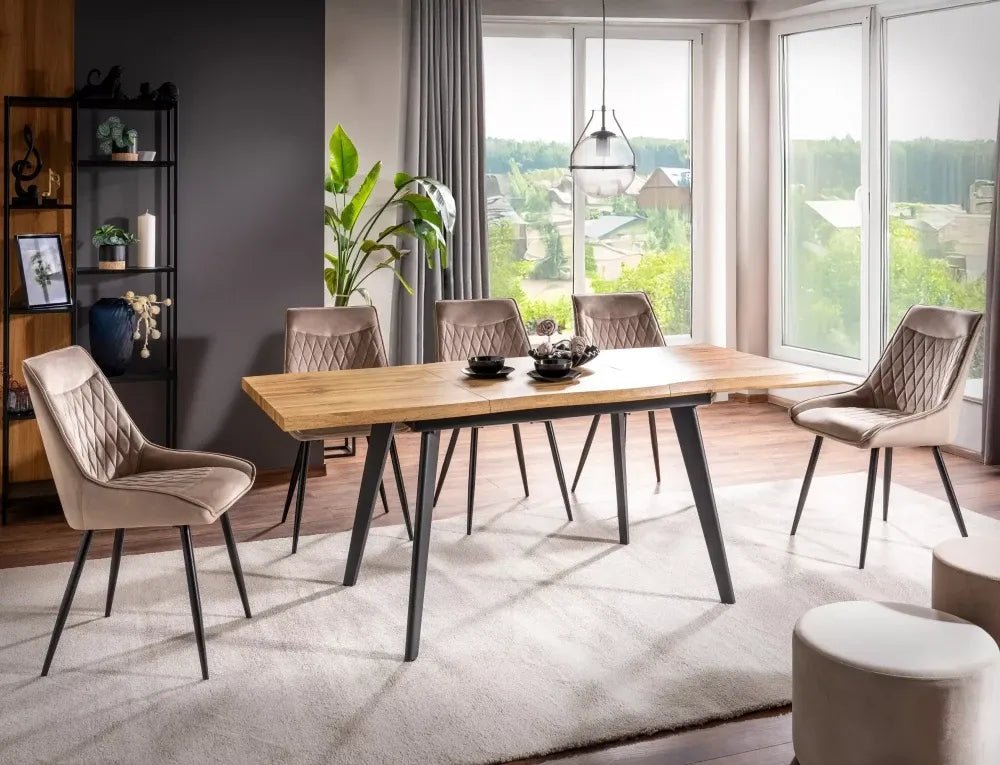Masa extensibila din MDF+Furnir de stejar Maro si Metal Negru L150-210xH76cm Fresno