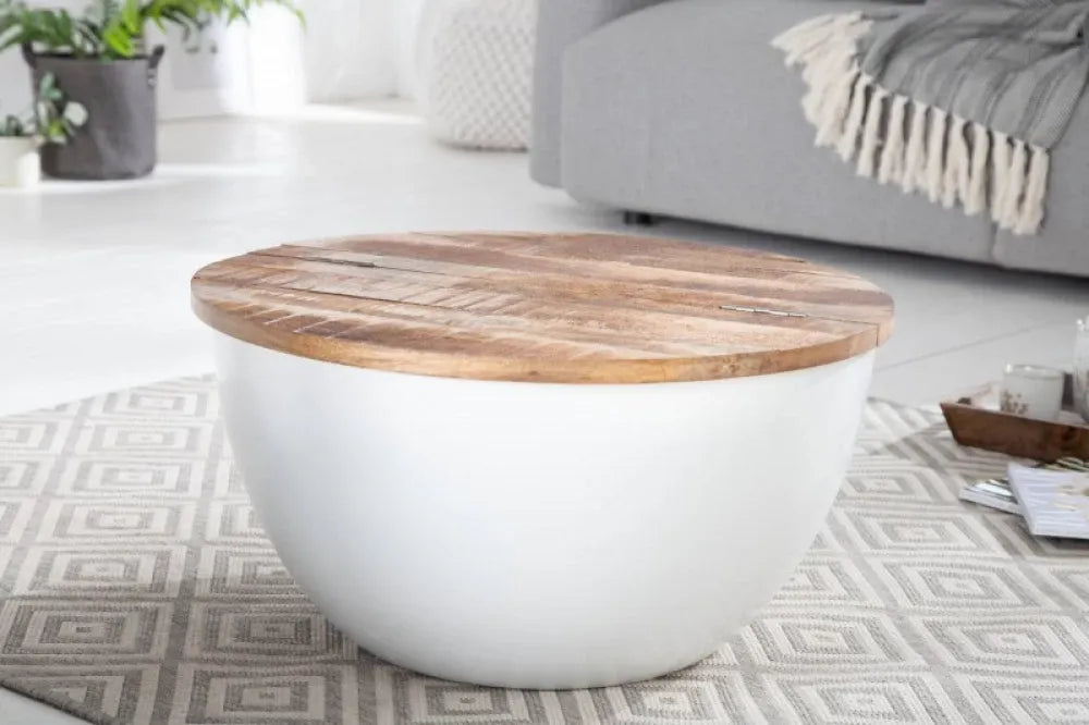 Masuta de cafea Rotunda din Lemn masiv de sheesham Maro si Metal Alb D60xH30cm Industrial Storage