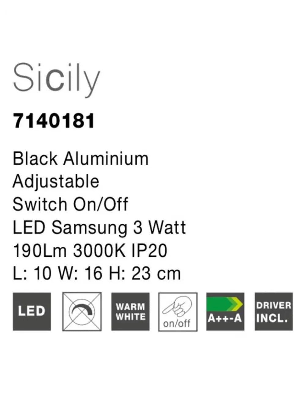 Aplica de perete din Aluminiu Negru H20xL10cm IP20 3W 190lm 3000k SICILY