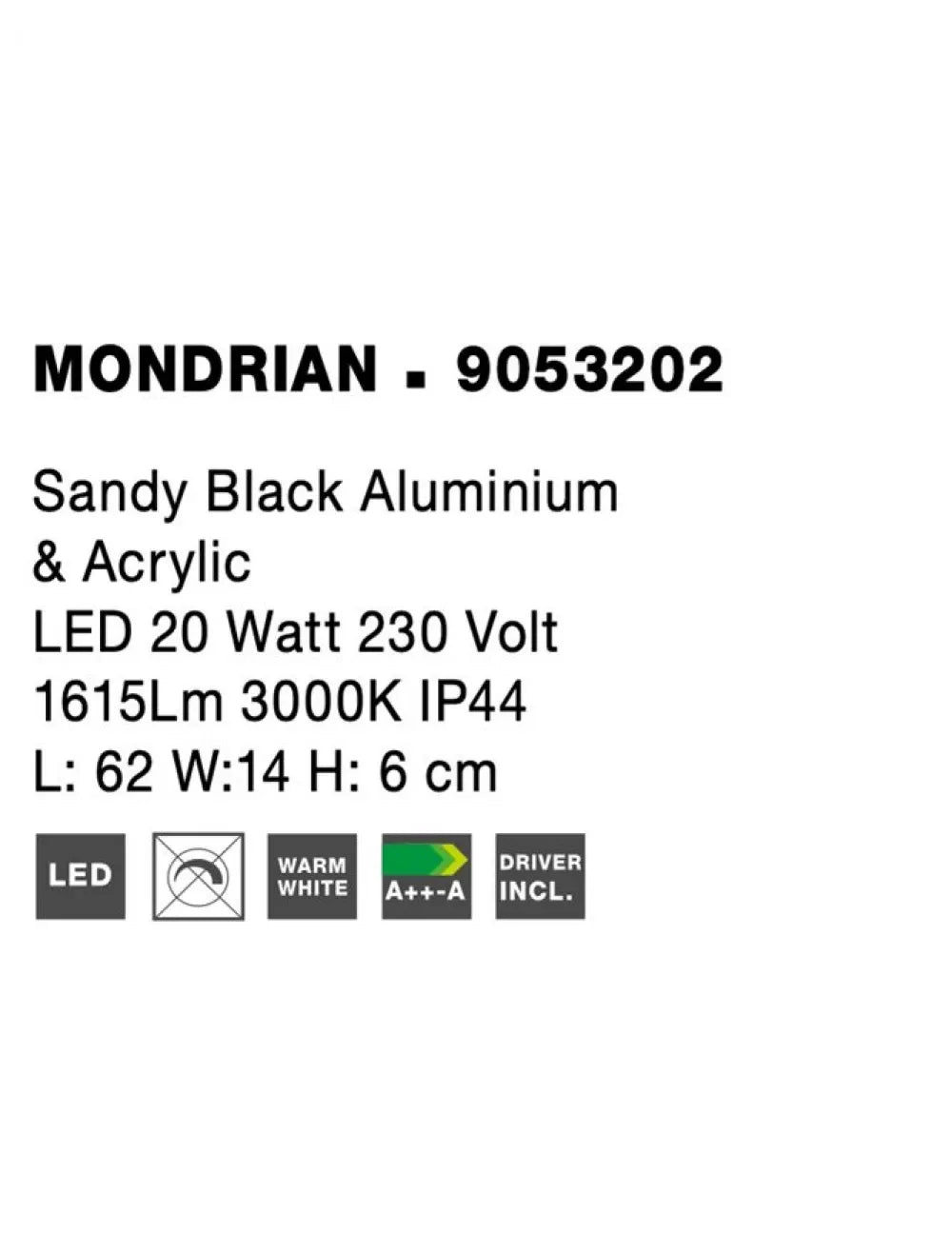 Aplica de perete structura din Aluminiu Negru si abajur din Acrilic Alb H6xL62cm IP44 20W 1615lm 3000k MONDRIAN