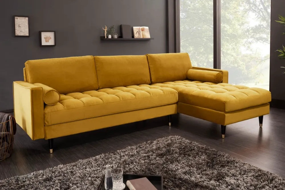 Coltar cu orientare reversibila tapitat cu Catifea Galben L260cm Cozy