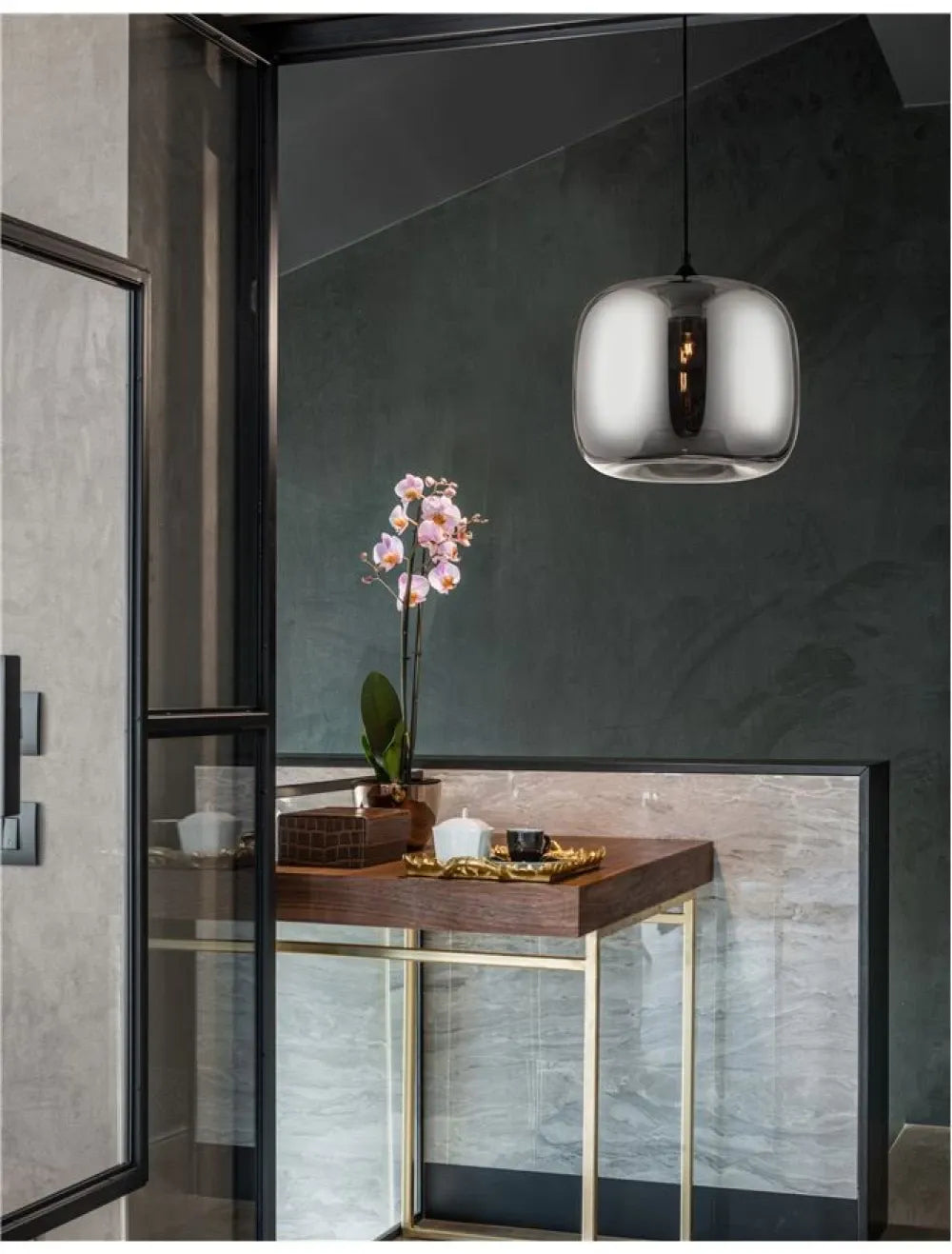 Pendul structura din Metal Negru si abajur din Sticla Crom H120xL28cm IP20 SAVAZ