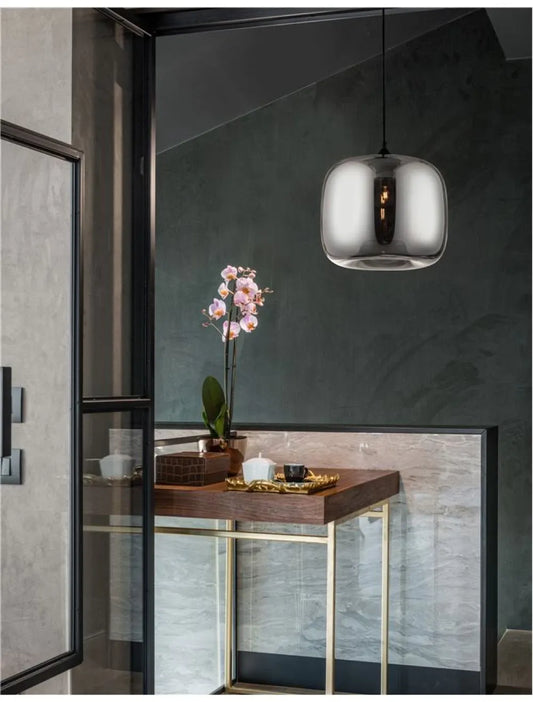 Pendul structura din Metal Negru si abajur din Sticla Crom H120xL28cm IP20 SAVAZ
