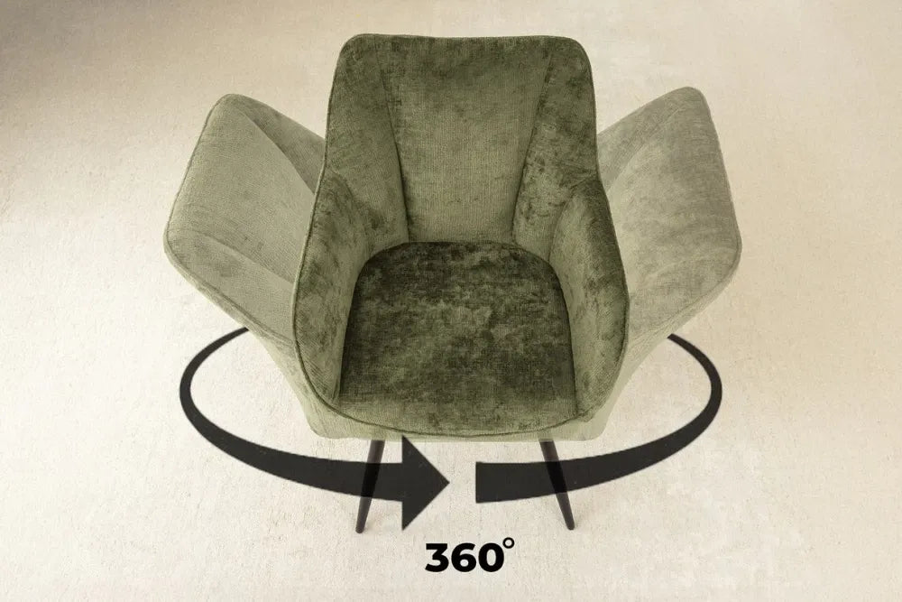 Set 2 scaune rotative cu brate tapitat cu Chenille Verde si picioare din Metal Negru H85xL55xA58cm Avignon