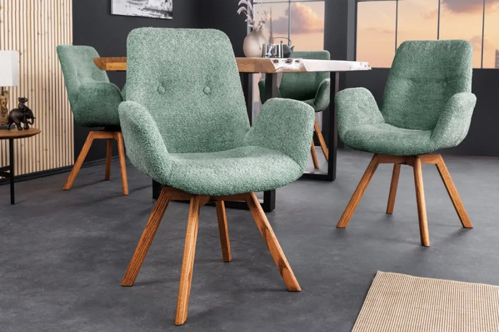 Set 2 scaune rotative tapitat cu Stofa boucle Verde mint si picioare din Lemn de stejar Maro H85xL61xA63cm BALTIC