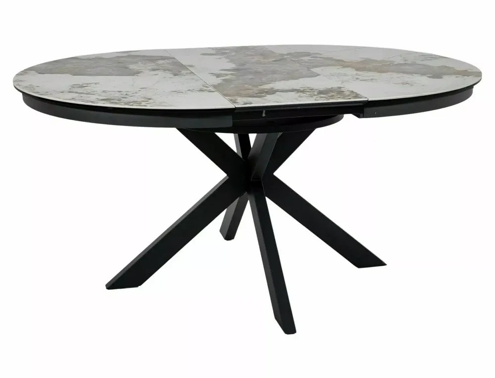 Masa extensibila din Metal Negru si Sticla securizata+Ceramica Alb lucios cu efect de marmura L120-160xH76cm Porto