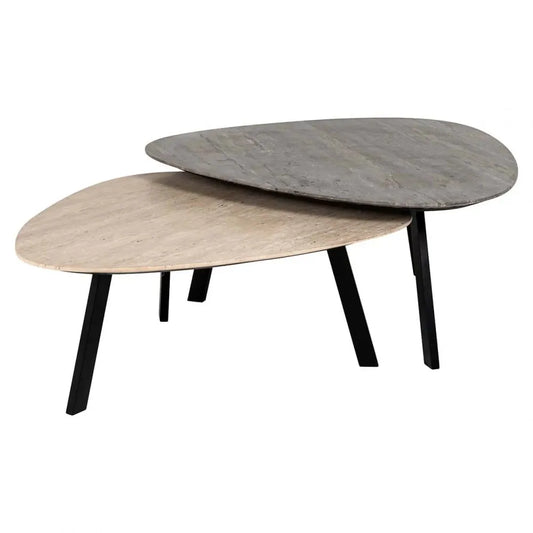 Set 2 masute de cafea Asimetrica din Travertin/Marmura Bej/Gri si Metal Negru L87/95xH32/37cm Spencer