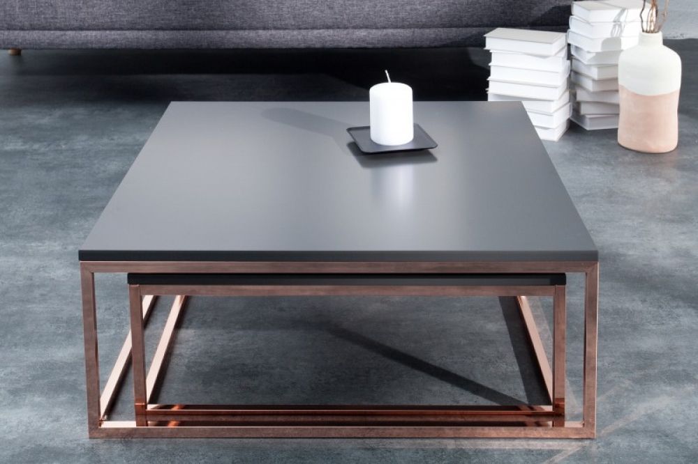 Set 2 masute de cafea patrate din MDF si Metal Negru/roz L75/65xH41/35cm Elements