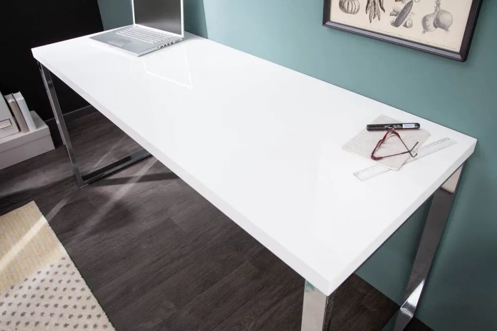 Birou din MDF Alb si Metal Argintiu L140xH75cm WHITE DESK