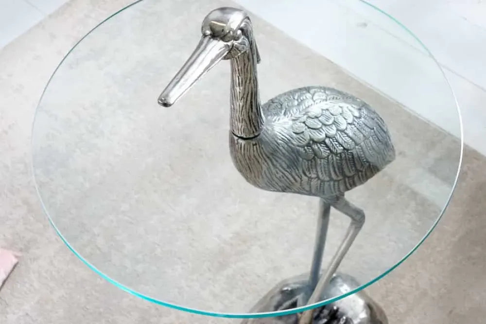 Masuta laterala din Sticla securizata Transparent si Metal Argintiu L50xH88cm Wildlife heron