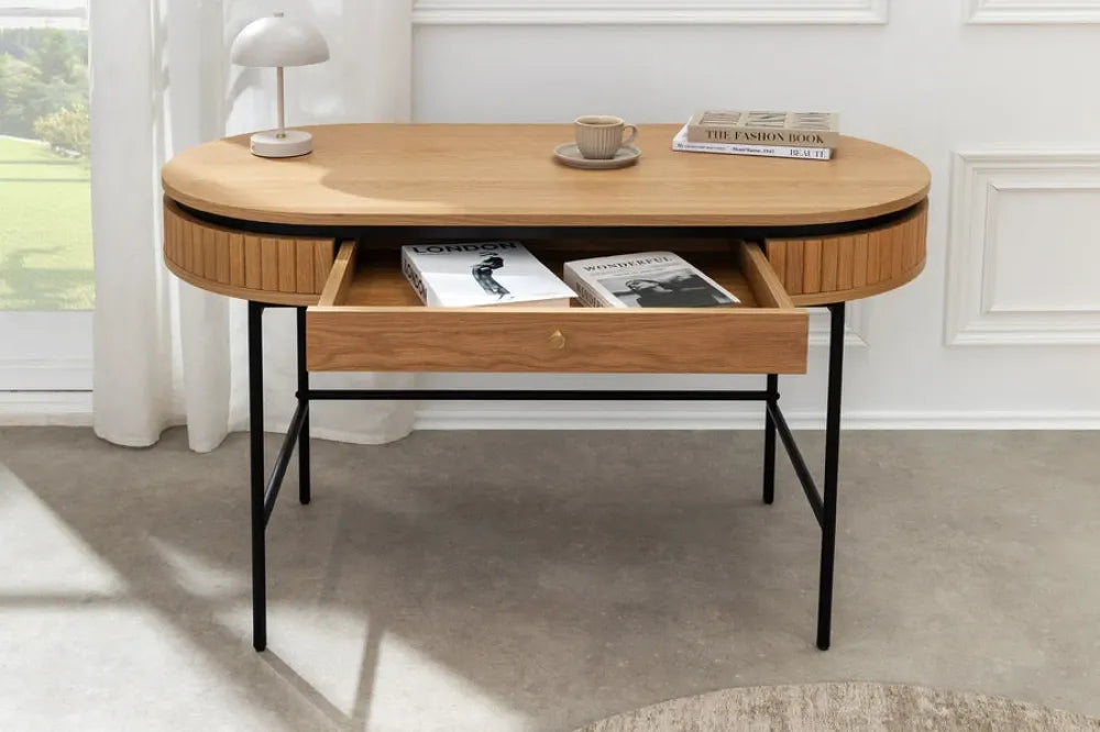 Birou din MDF/Furnir de stejar Maro si Metal Negru L120xH76cm ATELIER