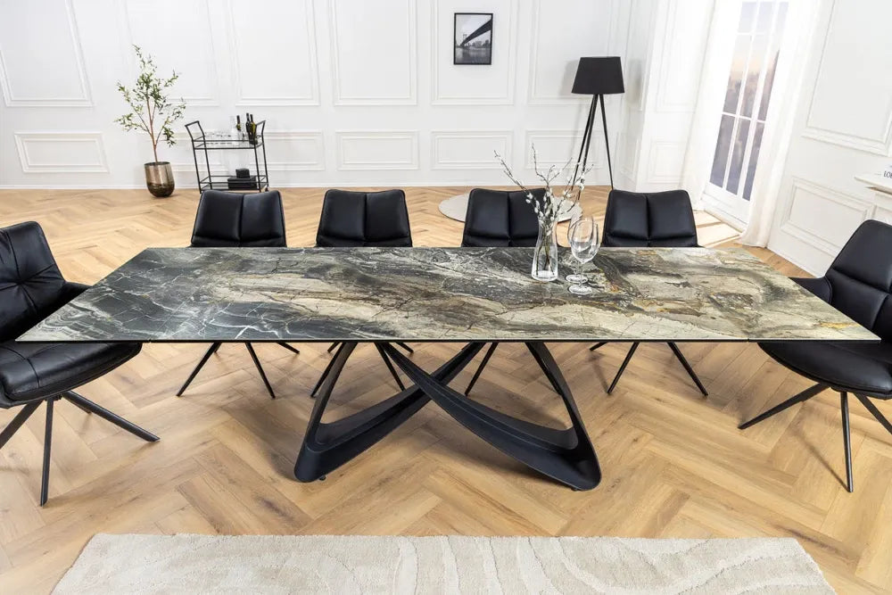 Masa din Sticla securizata/Ceramica Maro taupe si Metal Negru L180-220-260xH76cm Infinity