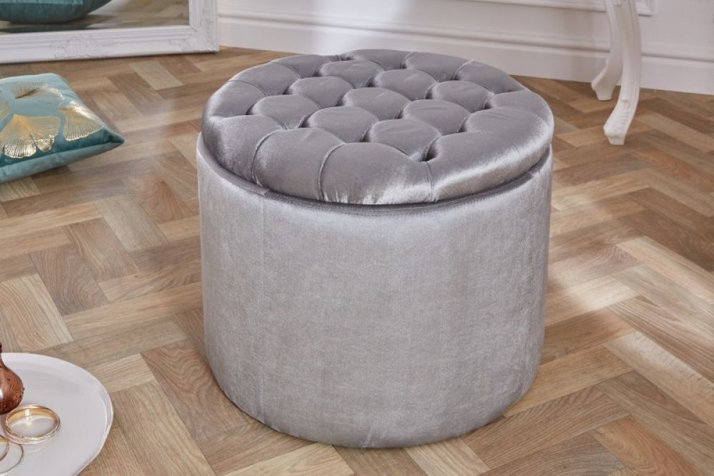 Puf rotund cu spatiu pentru depozitare tapitat cu Catifea Gri D50xH41cm Saft