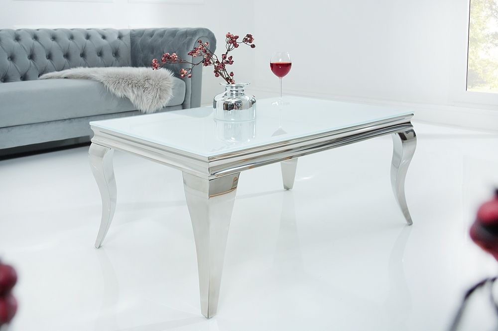 Masuta de cafea Dreptunghiulara din Sticla si Otel inoxidabil Alb/Argintiu L100xH45cm Barock