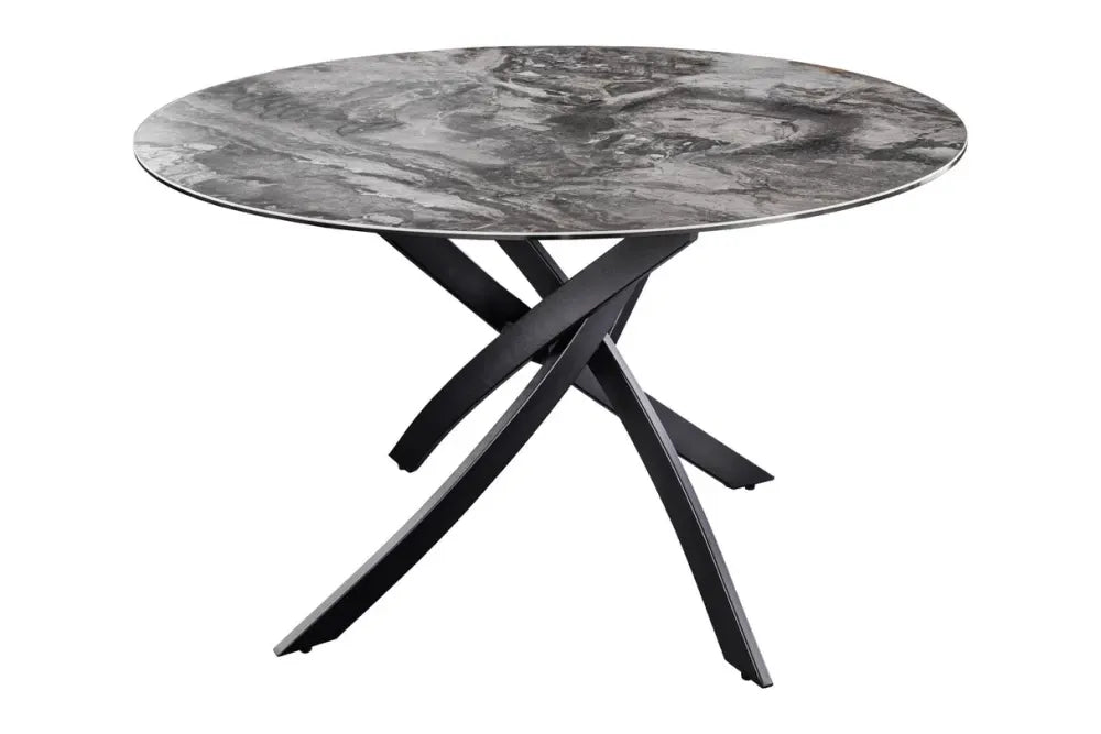 Masa rotunda din Sticla securizata/Ceramica Gri si Metal Negru D120xH74cm Alpine
