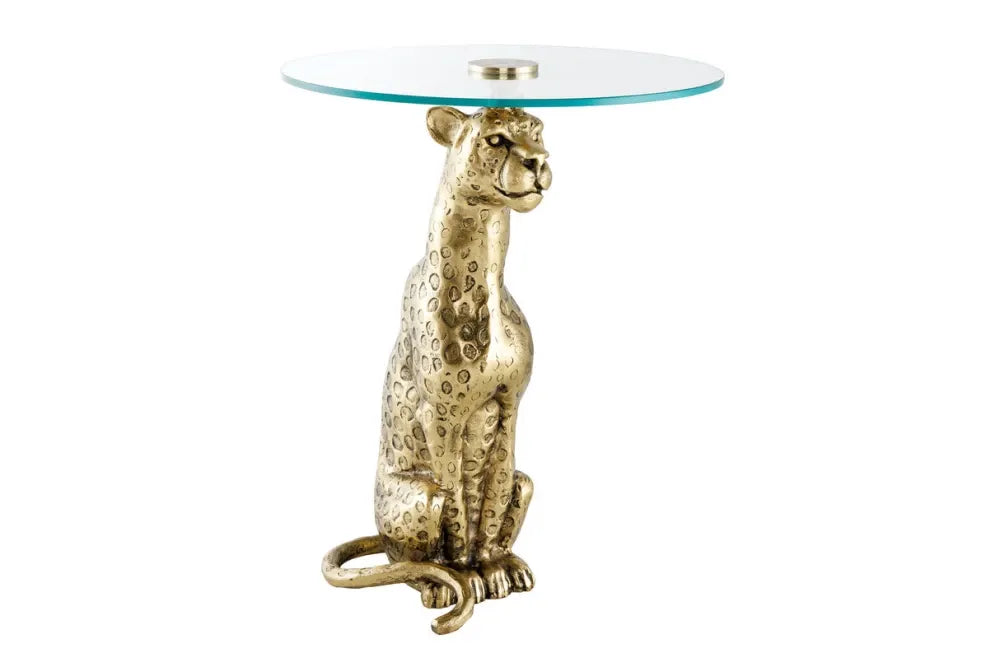Masuta laterala din Sticla securizata Transparent si Metal Auriu L45xH60cm Wildlife panther