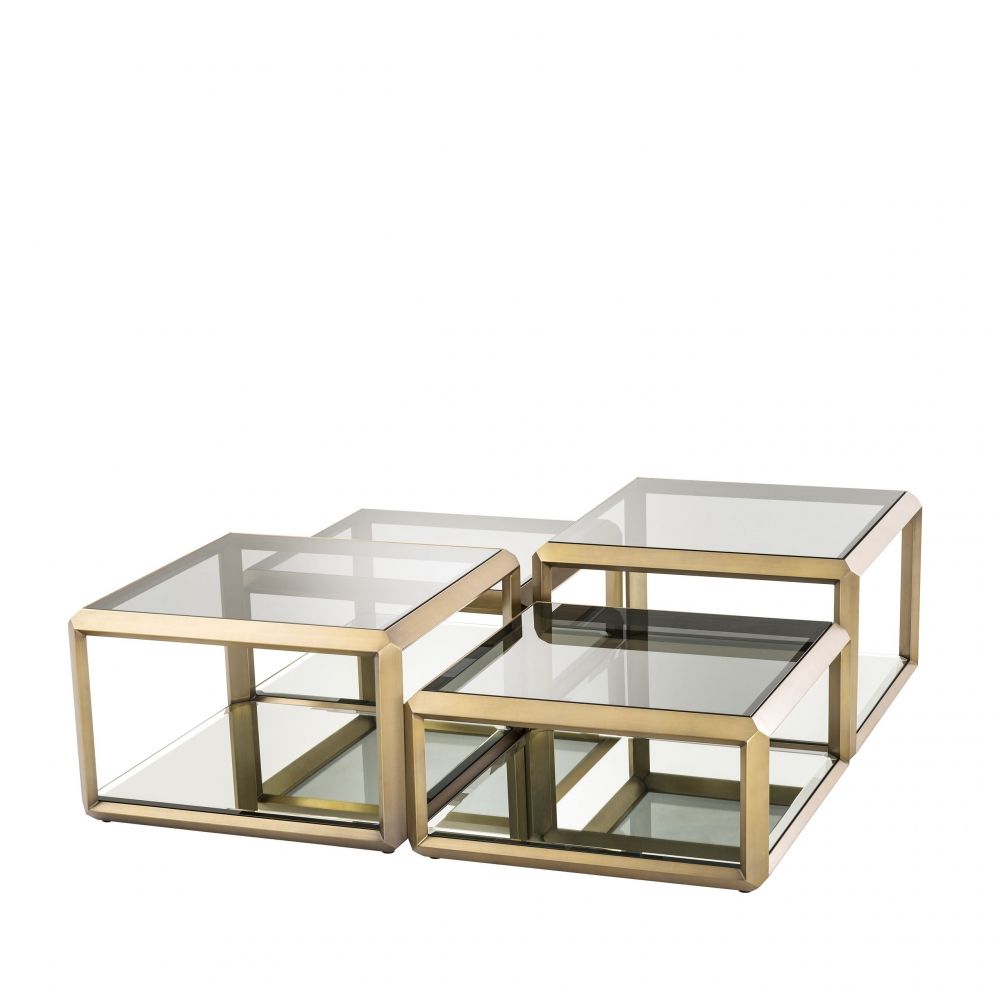 Set 4 masute de cafea Patrate din Otel inoxidabil si Sticla Auriu/Transparent L75xH36/48cm Callum