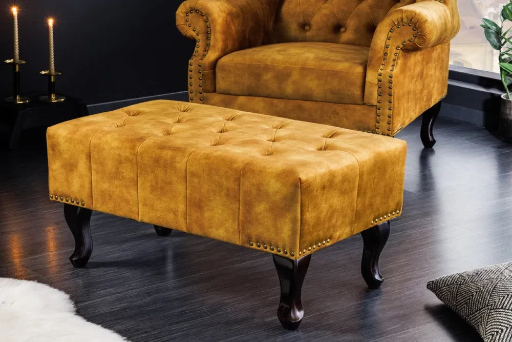 Puf din Lemn de pin Maro inchis si Catifea Galben H40xL80cm Chesterfield