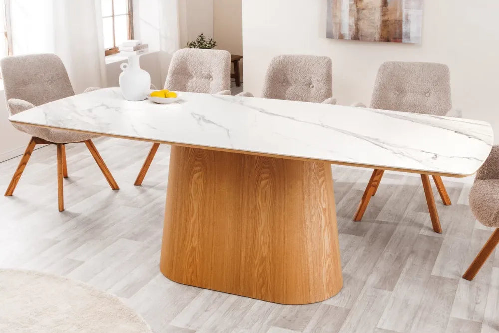 Masa din Ceramica Alb cu efect de marmura si Furnir de stejar Maro L200xH76cm Unique
