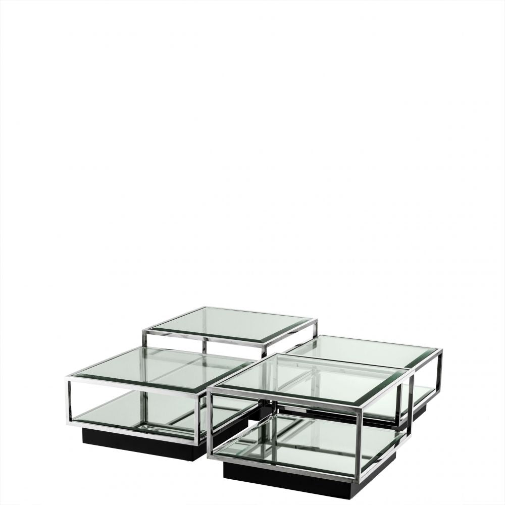 Set 4 masute de cafea Patrate din Otel inoxidabil si Sticla Argintiu/Transparent L65xH32/40cm Tortona