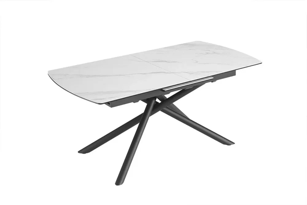 Masa din Sticla securizata/Ceramica Alb cu efect de marmura si Metal Negru L180-230xH77cm Mikado