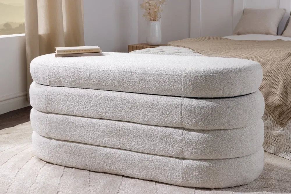 Bancheta cu spatiu de depozitare din Stofa boucle Alb H49xL113cm Voque