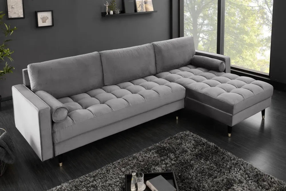 Coltar cu orientare reversibila tapitat cu Catifea Gri L260cm Cozy
