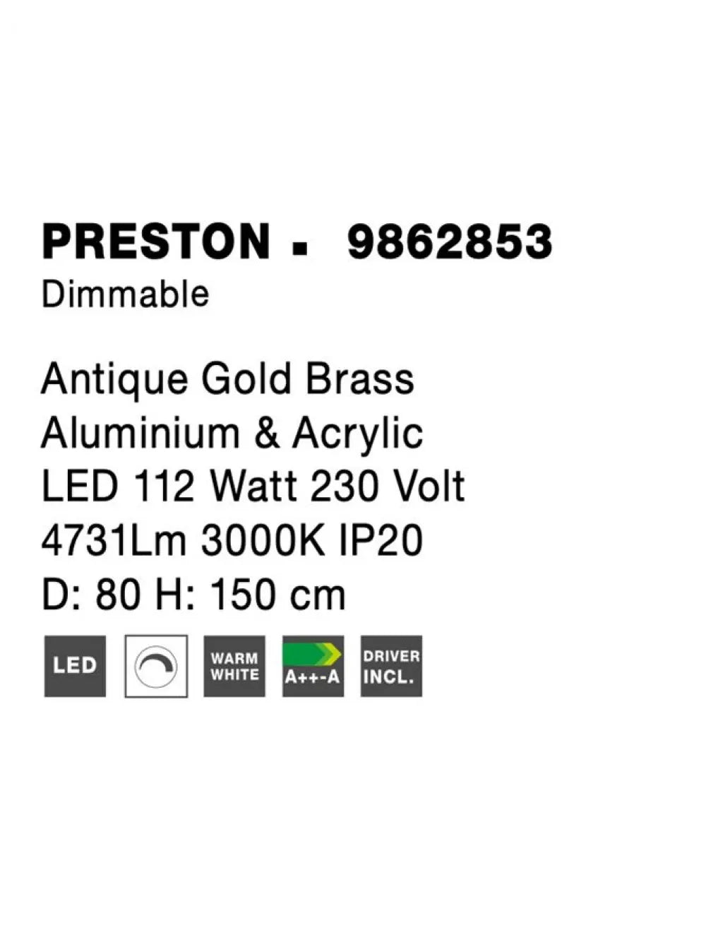 Candelabru structura din Aluminiu Auriu antichizat si abajur din Acrilic Transparent H150xL80cm IP20 112W 4731lm 3000k PRESTON