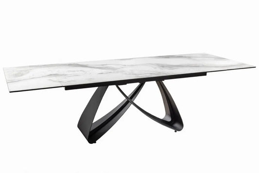 Masa din Sticla securizata/Ceramica Alb cu efect de marmura si Metal Negru L180-220-260xH76cm Infinity