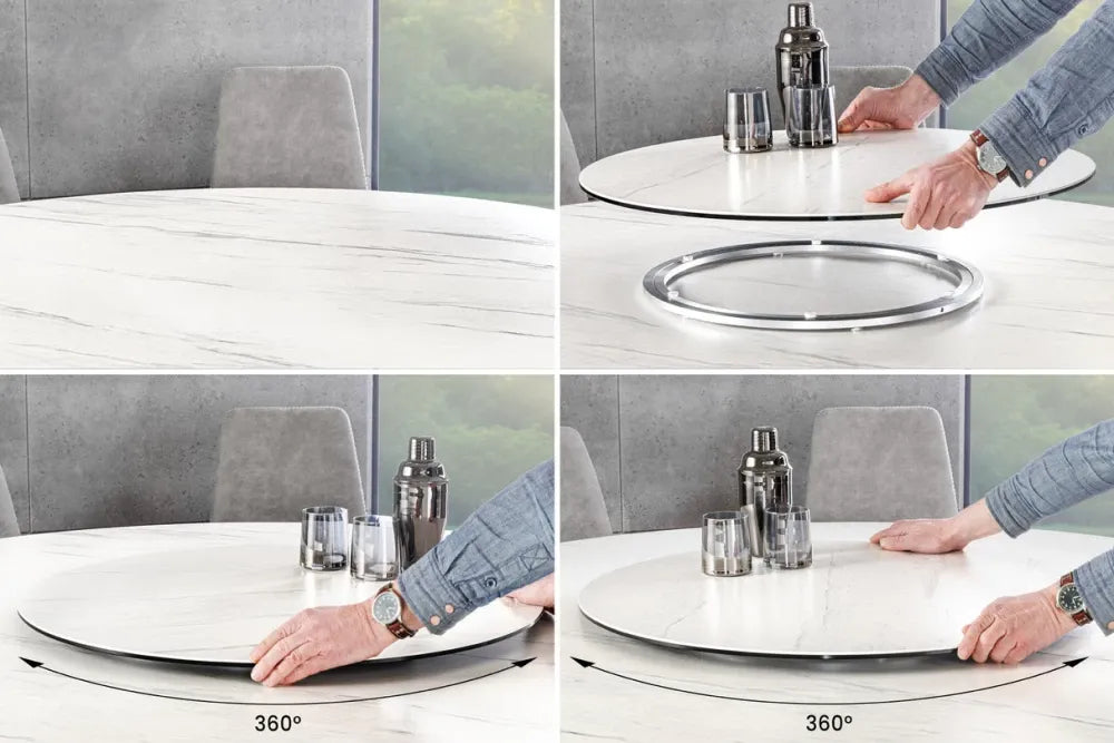 Masa rotunda din Ceramica Alb cu efect de marmura si Metal Negru D150xH76cm Spin