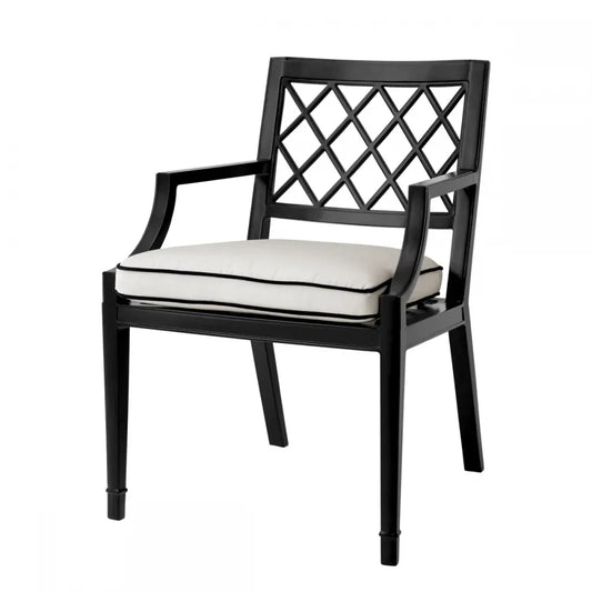Scaun cu brate de exterior din Metal Negru si Stofa Alb H87xL60xA66cm Paladium Eichholtz