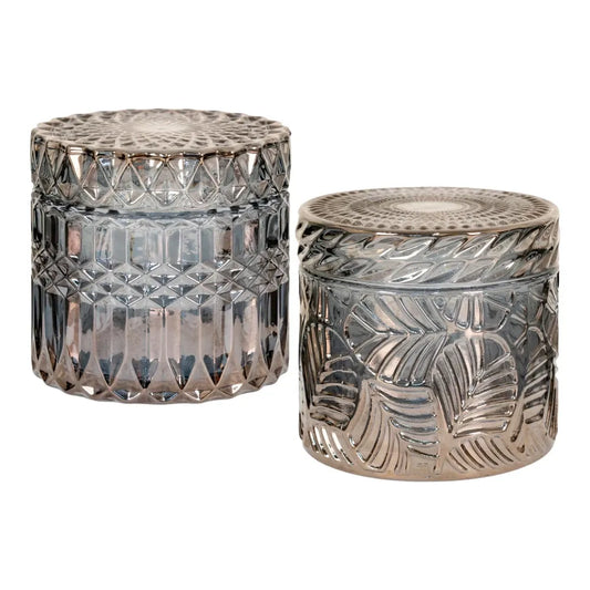 Set 2 borcane decorative cu capac din Sticla Fumuriu H8.5xD9cm HN0886