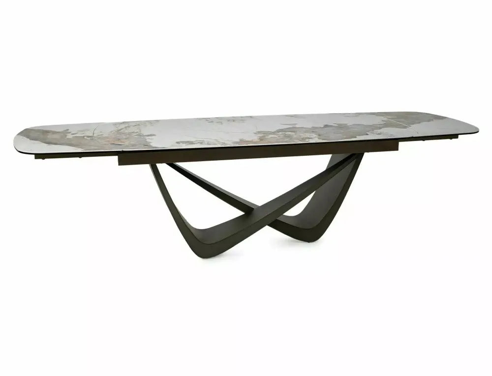 Masa extensibila din Metal Cupru si Sticla securizata+Ceramica Alb lucios cu efect de marmura L200-290xH77cm Maranello
