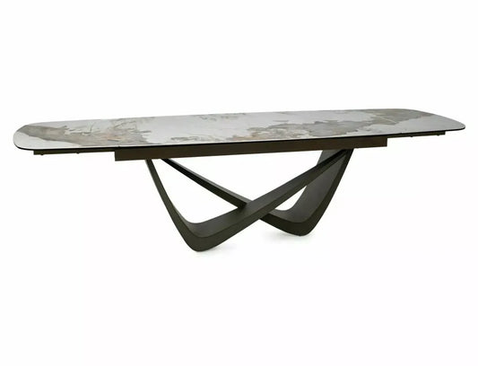 Masa extensibila din Metal Cupru si Sticla securizata+Ceramica Alb lucios cu efect de marmura L200-290xH77cm Maranello