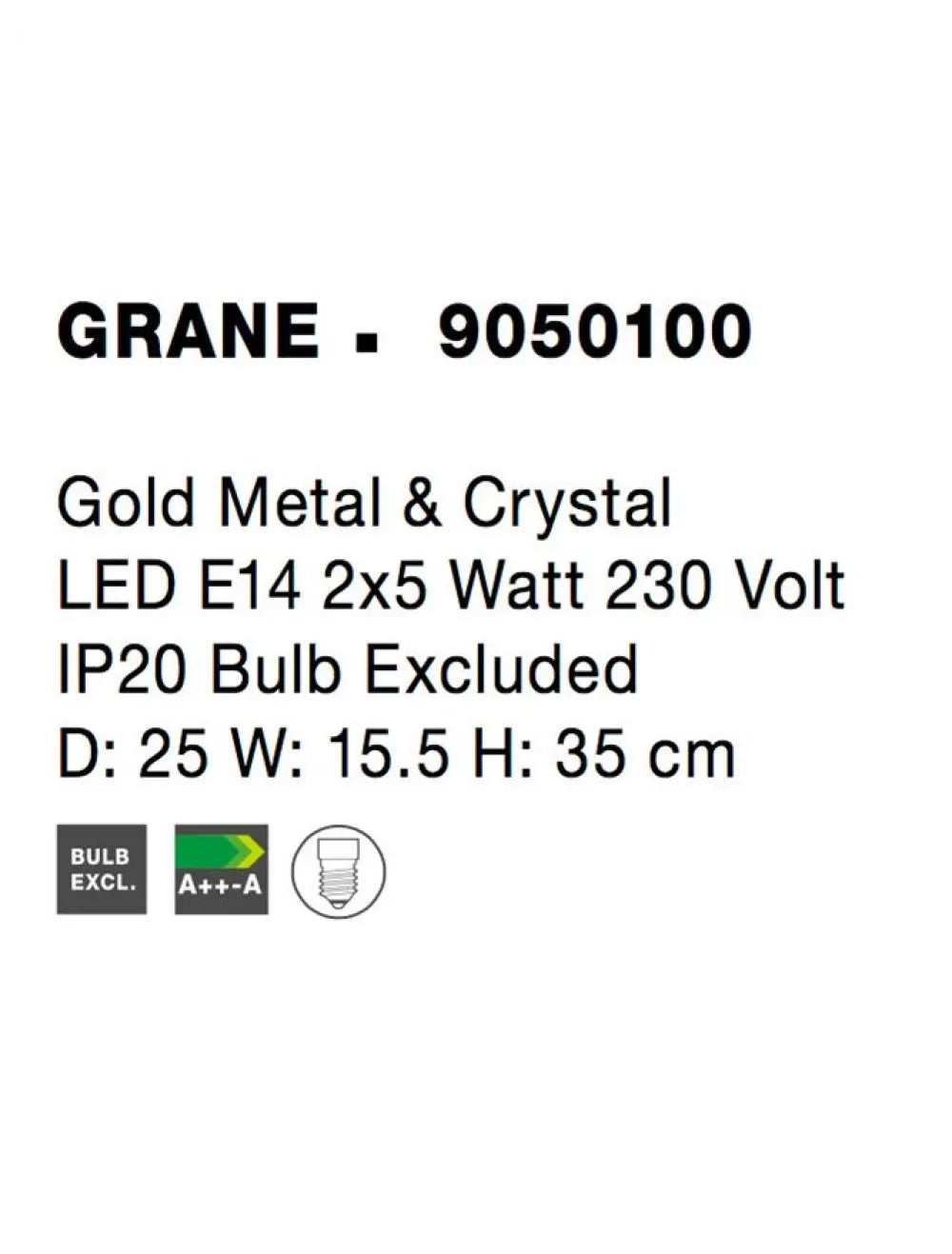 Aplica de perete structura din Metal Auriu si abajur din Cristal Transparent H35xL25cm IP20 GRANE
