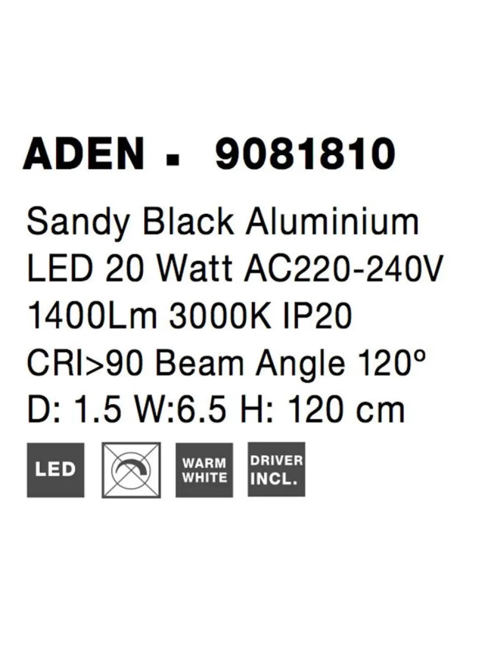 Aplica de perete din Aluminiu Negru H120xL1.5cm IP20 20W 1400lm 3000k ADEN