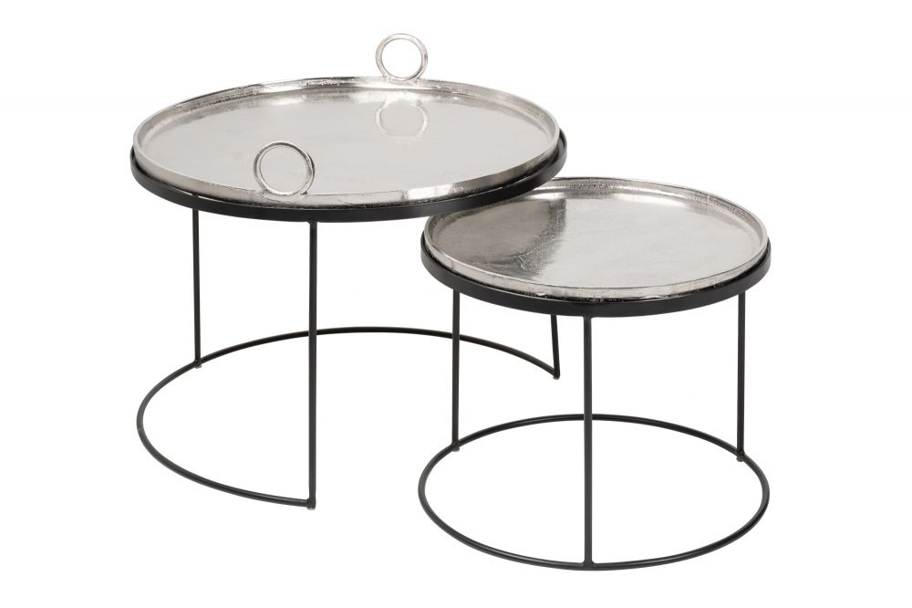 Set 2 masute laterale Rotunda din Metal si Metal Argintiu/Negru D46/62xH36/45cm Elements Oriental
